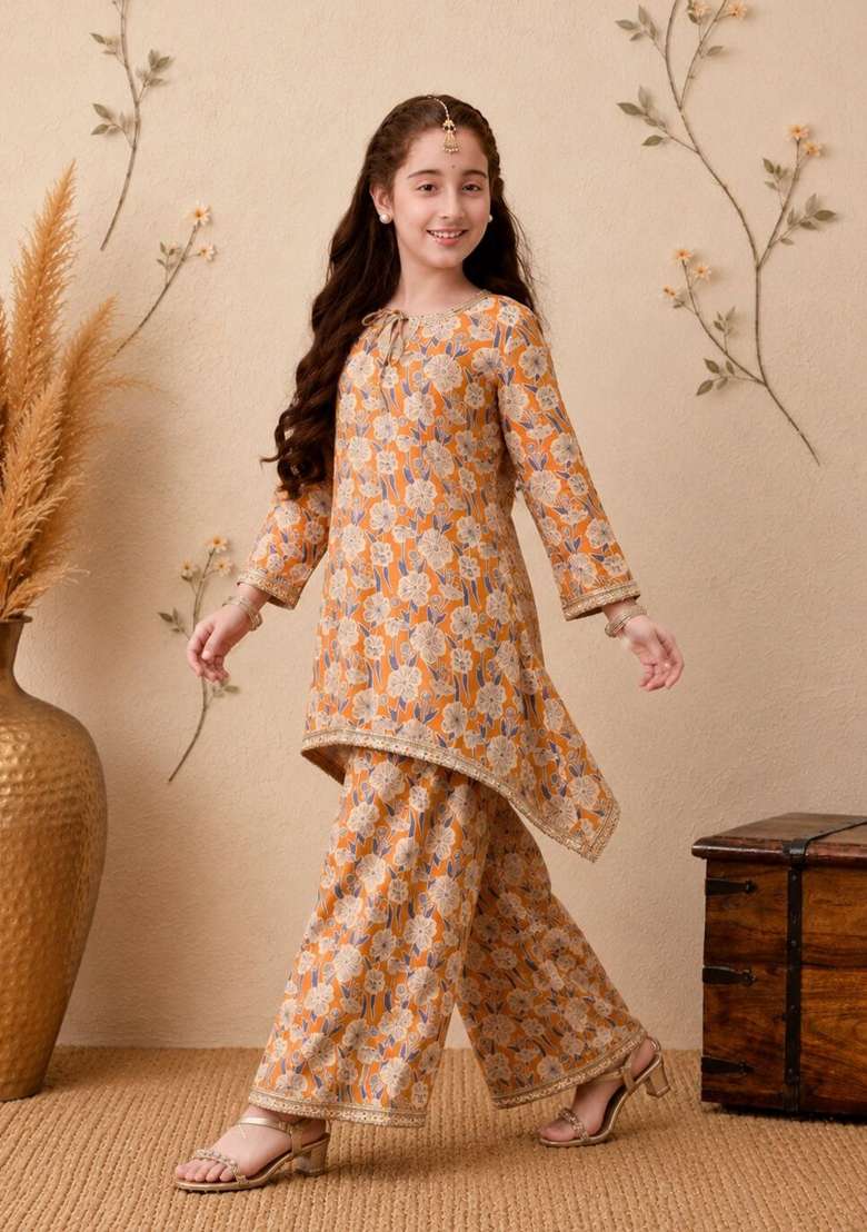 Orange Floral Cotton Palazzo Set For Girls - Indya