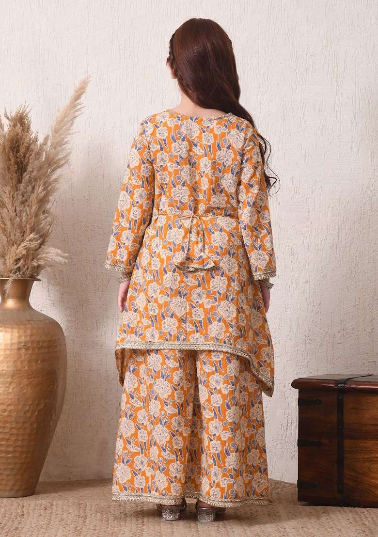 Orange Floral Cotton Palazzo Set For Girls - Indya