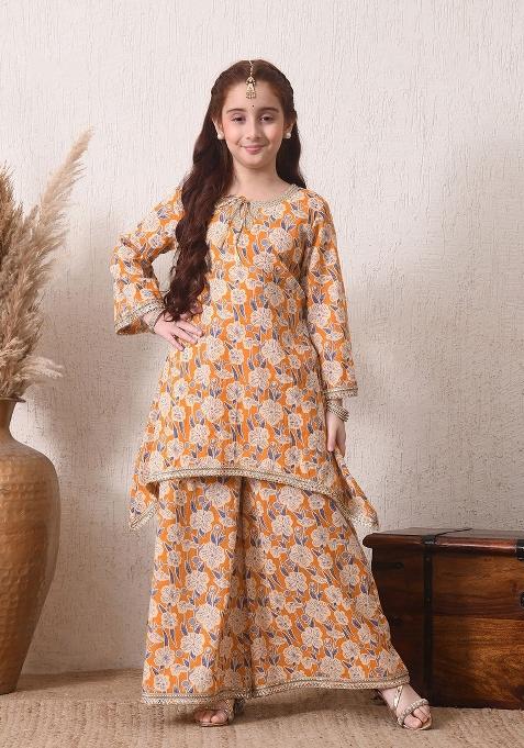 Orange Floral Cotton Palazzo Set For Girls