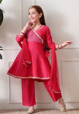 Red Ethnic Motifs Silk Palazzo Set For Girls