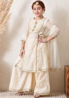 Off White Ethnic Motifs Silk Palazzo Set For Girls