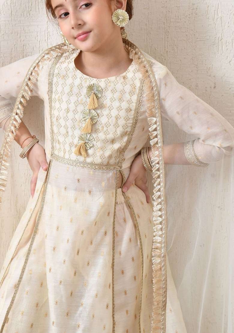 Off White Ethnic Motifs Silk Palazzo Set For Girls - Indya