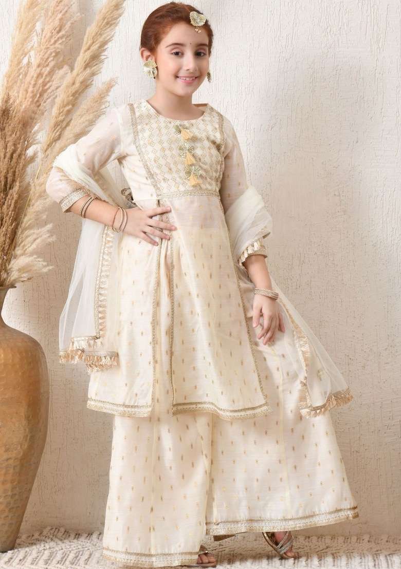 Off White Ethnic Motifs Silk Palazzo Set For Girls - Indya
