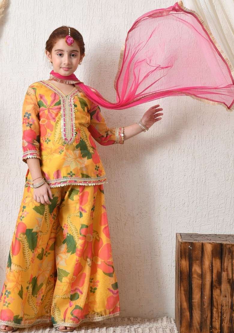 Yellow Floral Silk Sharara Set For Girls - Indya