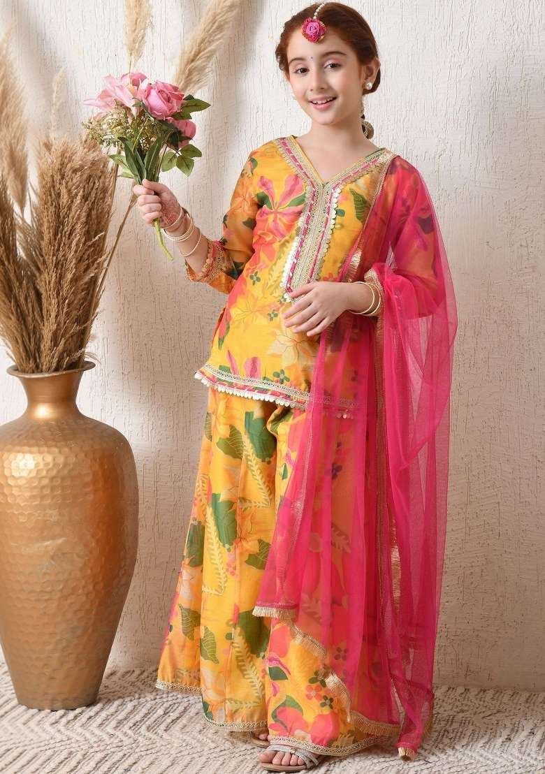 Yellow Floral Silk Sharara Set For Girls - Indya