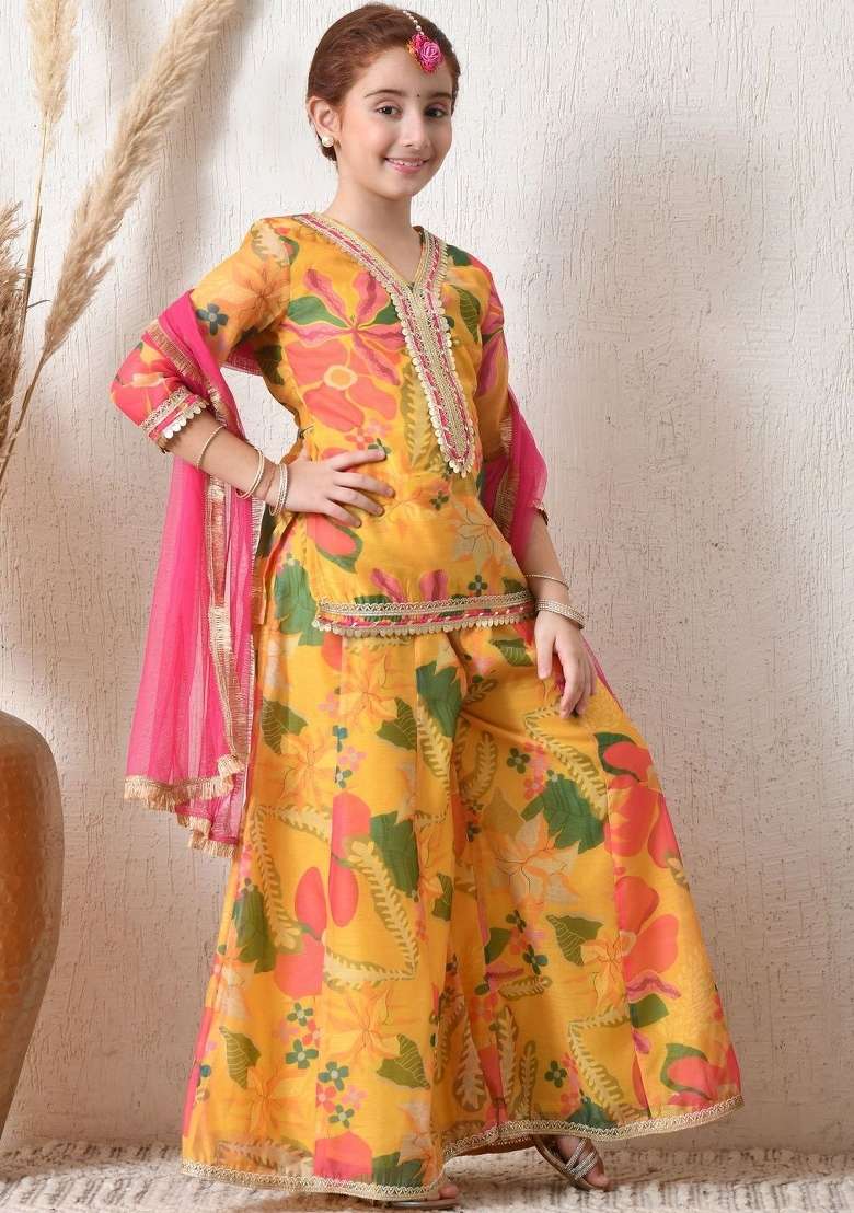 Yellow Floral Silk Sharara Set For Girls - Indya