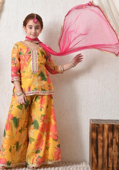 Yellow Floral Silk Sharara Set For Girls