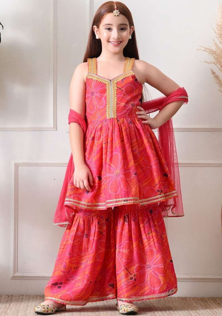 Pink Floral Silk Sharara Set For Girls - Indya