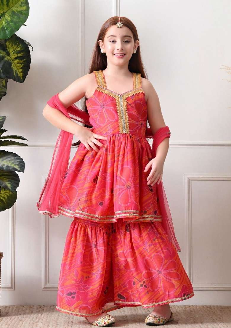 Pink Floral Silk Sharara Set For Girls - Indya