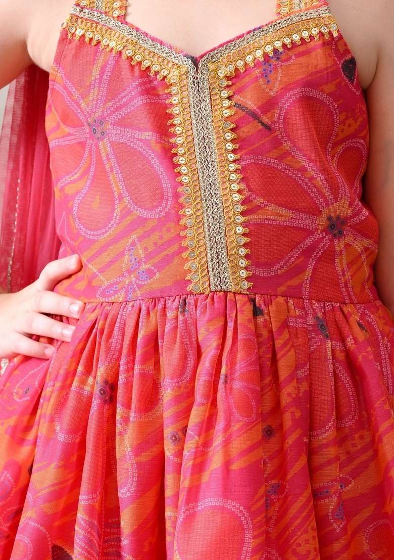 Pink Floral Silk Sharara Set For Girls - Indya