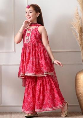 Red Ethnic Motifs Cotton Sharara Set For Girls