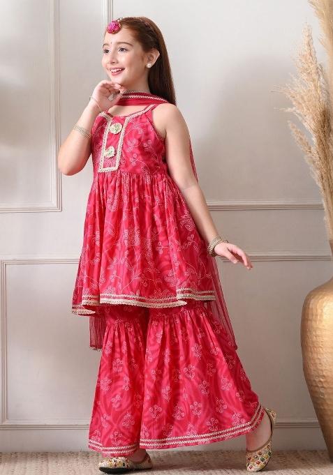 Red Ethnic Motifs Cotton Sharara Set For Girls