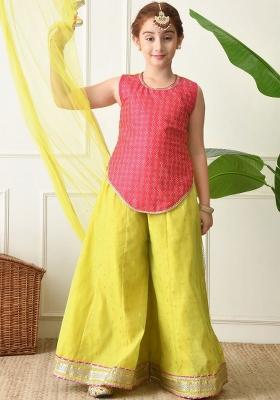 Pink Woven Design Silk Palazzo Set For Girls