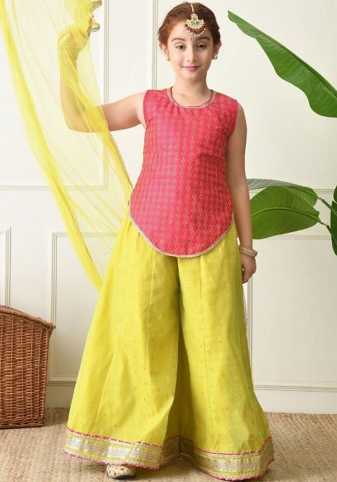 Pink Woven Design Silk Palazzo Set For Girls