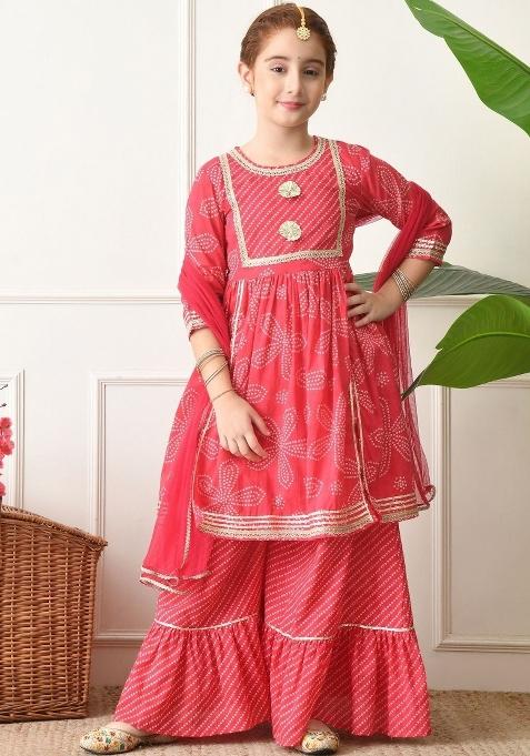Red Ethnic Motifs Cotton Sharara Set For Girls
