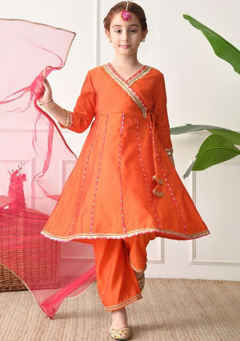 Orange Solid Silk Kurta Set For Girls - Indya