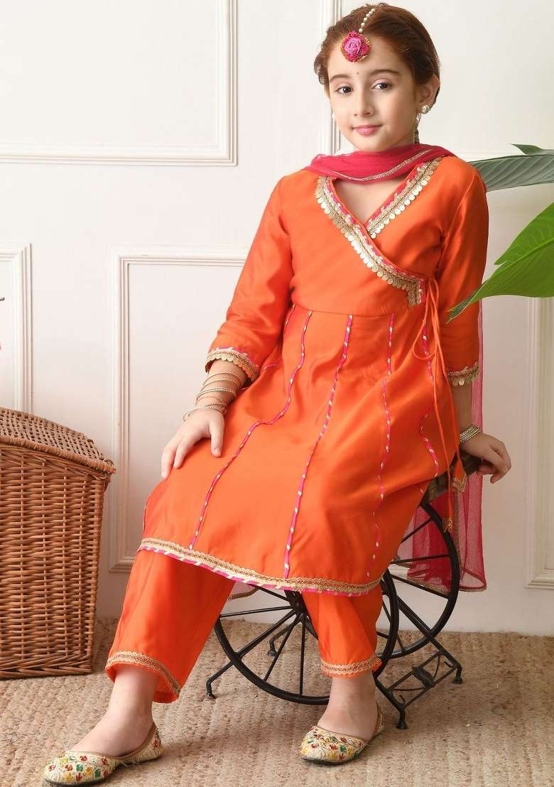 Orange Solid Silk Kurta Set For Girls - Indya