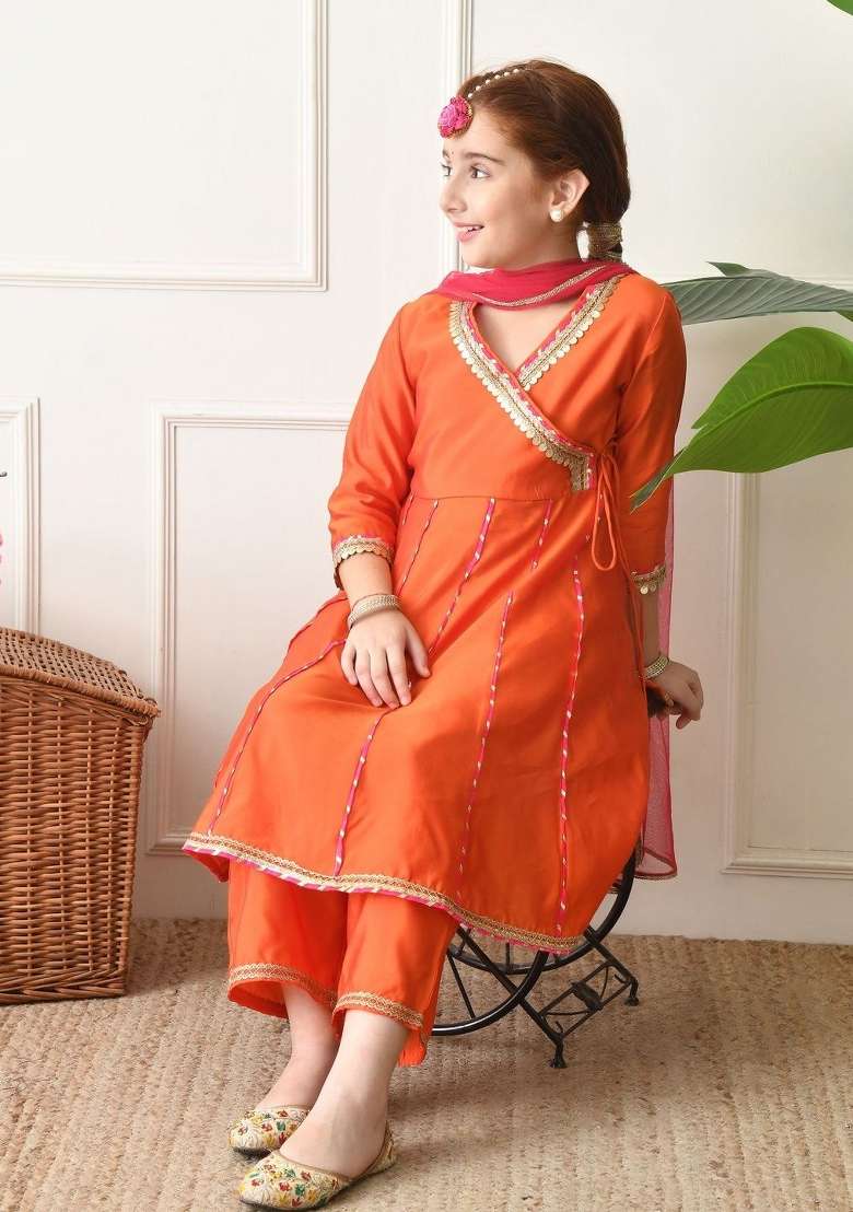 Orange Solid Silk Kurta Set For Girls - Indya