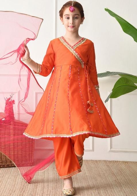 Orange Solid Silk Kurta Set For Girls