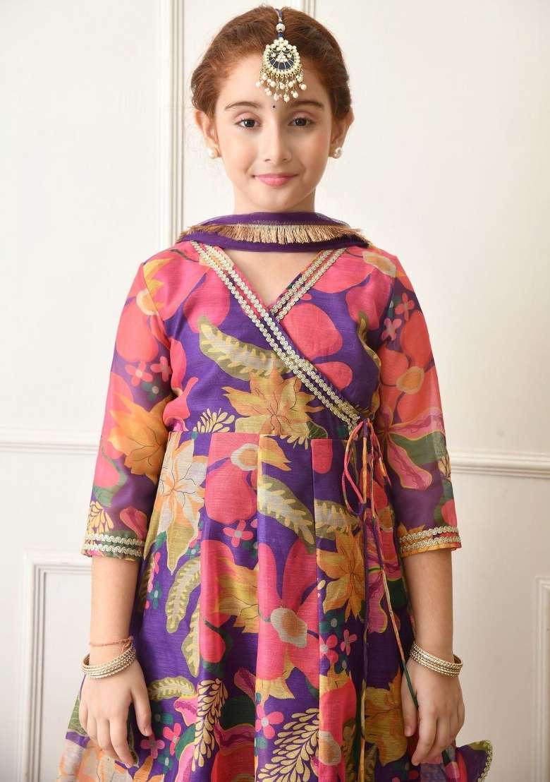 Multicolor Floral Silk Sharara Set For Girls - Indya