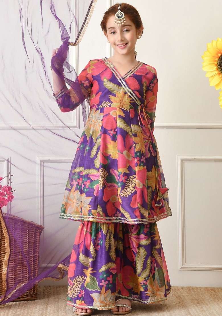 Multicolor Floral Silk Sharara Set For Girls - Indya