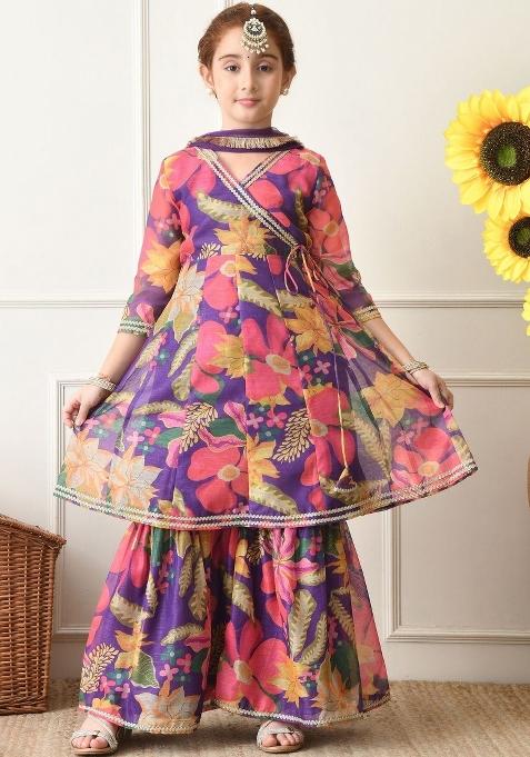 Multicolor Floral Silk Sharara Set For Girls