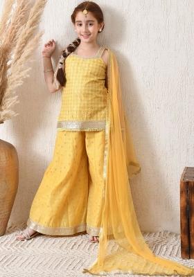 Yellow Ethnic Motifs Silk Palazzo Set For Girls