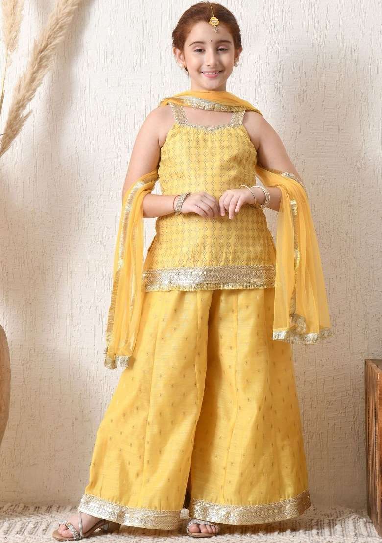 Yellow Ethnic Motifs Silk Palazzo Set For Girls - Indya