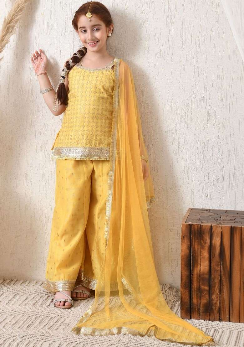 Yellow Ethnic Motifs Silk Palazzo Set For Girls - Indya