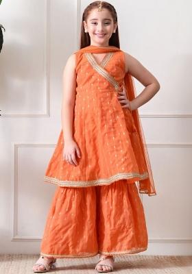 Orange Ethnic Motifs Silk Sharara Set For Girls