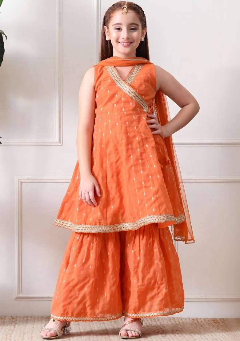 Orange Ethnic Motifs Silk Sharara Set For Girls - Indya