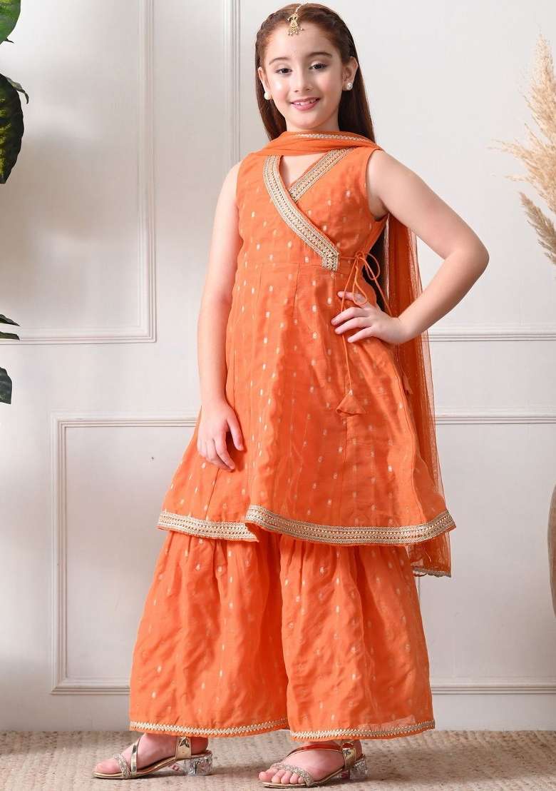 Orange Ethnic Motifs Silk Sharara Set For Girls - Indya