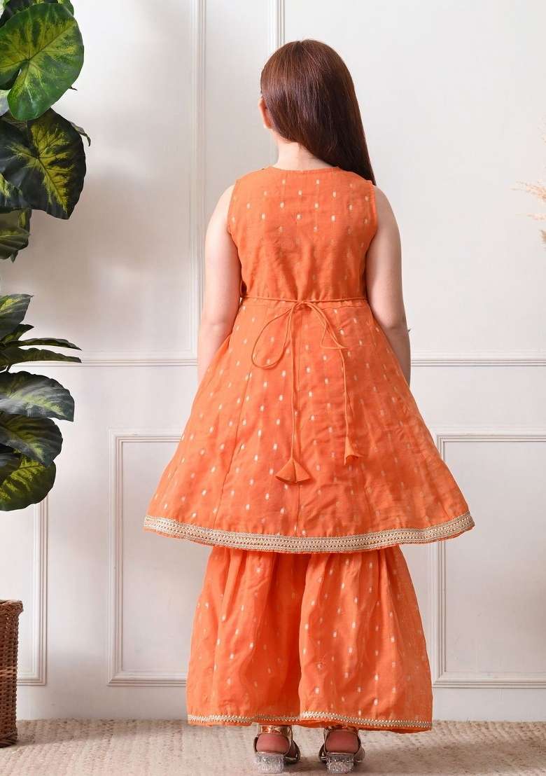 Orange Ethnic Motifs Silk Sharara Set For Girls - Indya