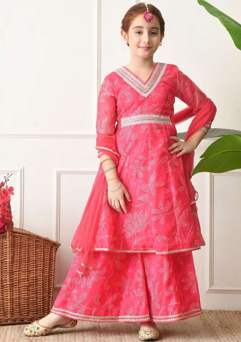 Pink Ethnic Motifs Silk Palazzo Set For Girls - Indya