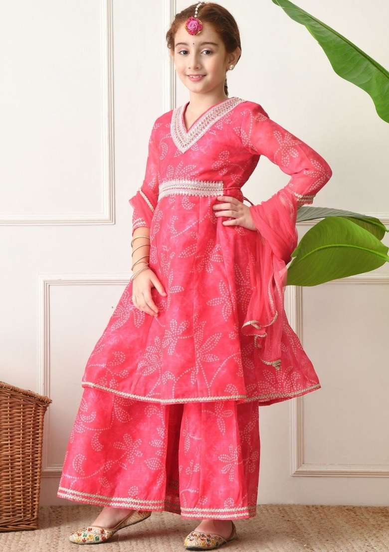 Pink Ethnic Motifs Silk Palazzo Set For Girls - Indya