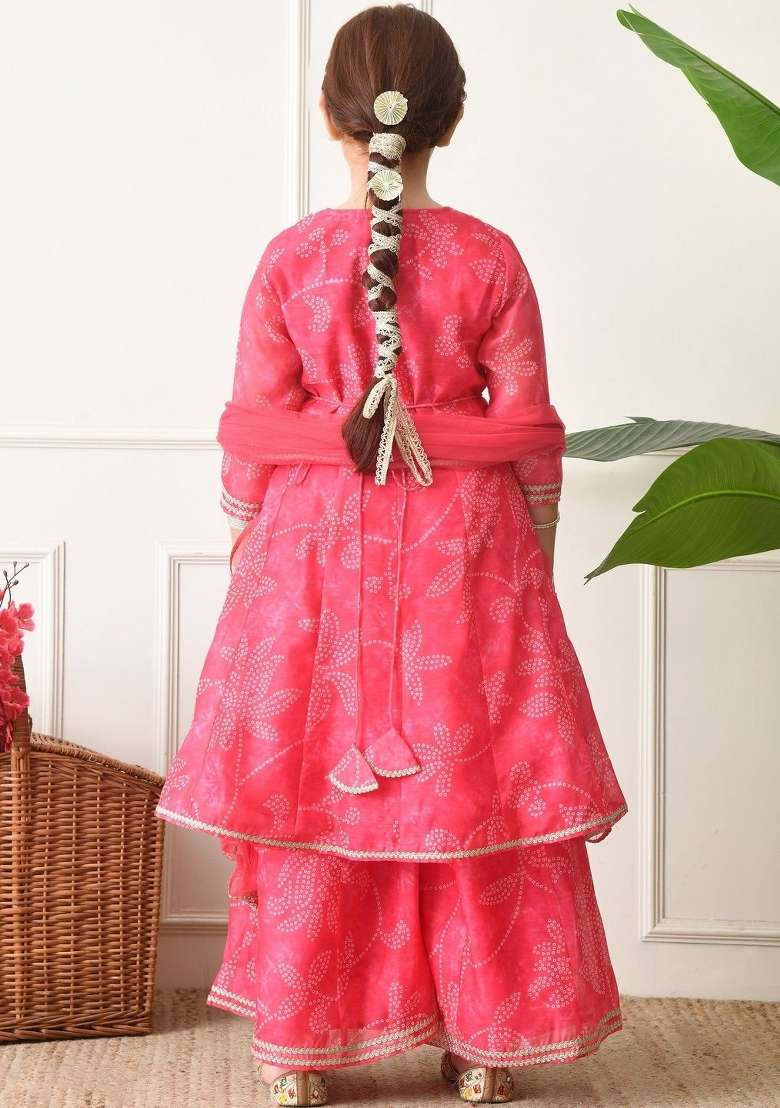 Pink Ethnic Motifs Silk Palazzo Set For Girls - Indya