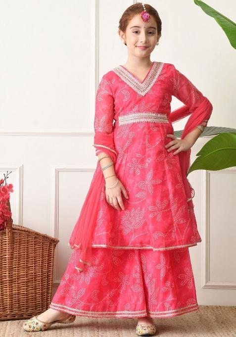 Pink Ethnic Motifs Silk Palazzo Set For Girls