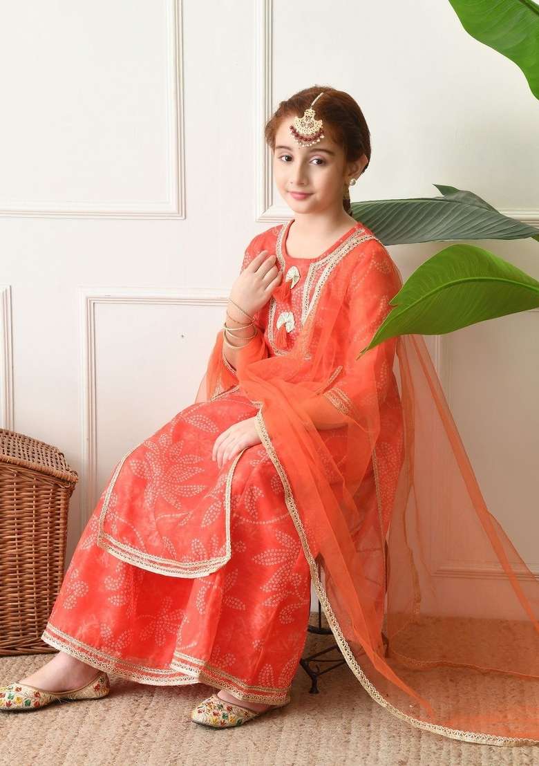 Orange Ethnic Motifs Silk Palazzo Set For Girls - Indya