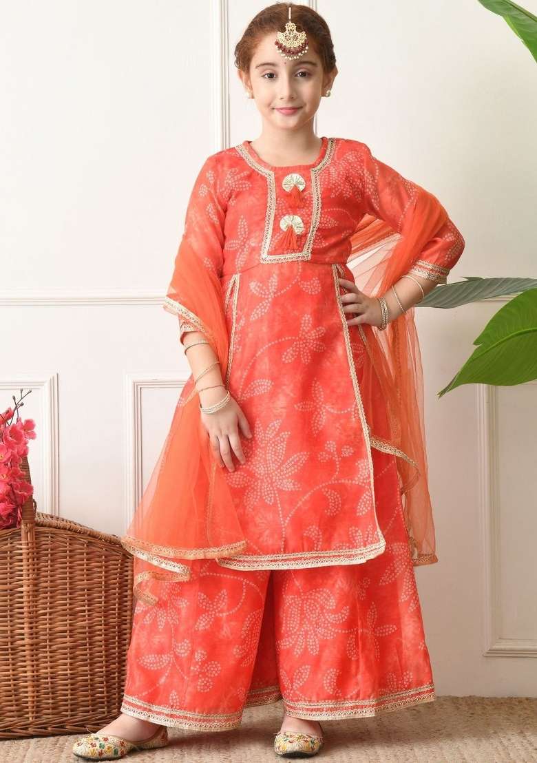 Orange Ethnic Motifs Silk Palazzo Set For Girls - Indya