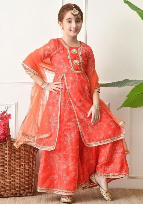 Orange Ethnic Motifs Silk Palazzo Set For Girls