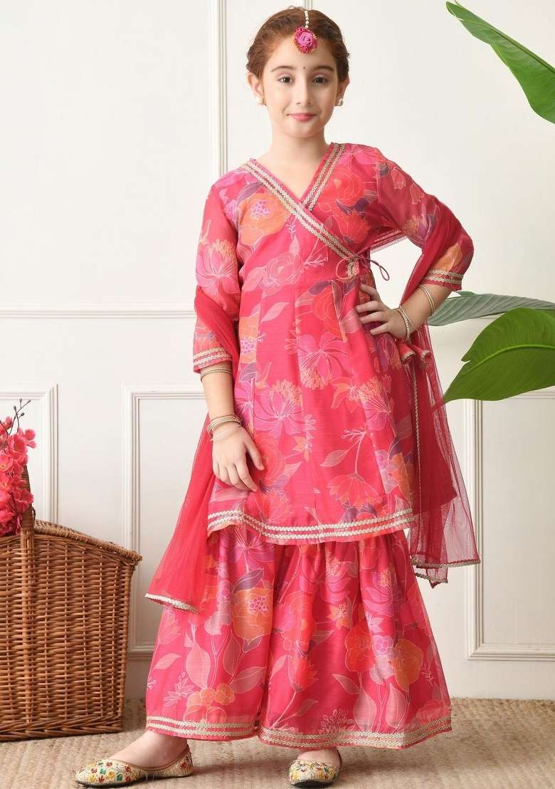 Red Floral Silk Sharara Set For Girls - Indya