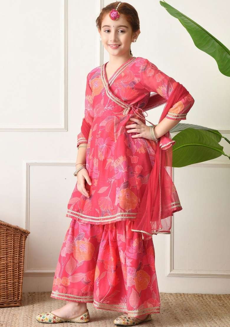Red Floral Silk Sharara Set For Girls - Indya