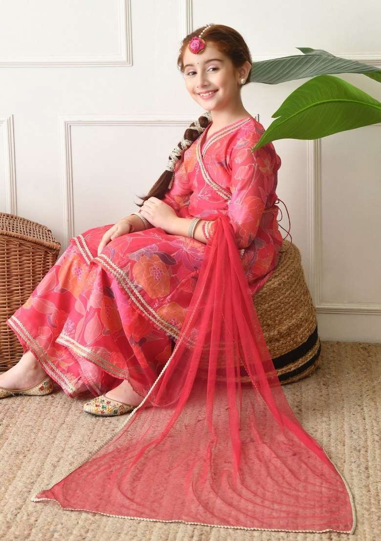 Red Floral Silk Sharara Set For Girls - Indya