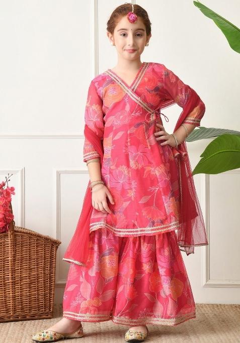 Red Floral Silk Sharara Set For Girls