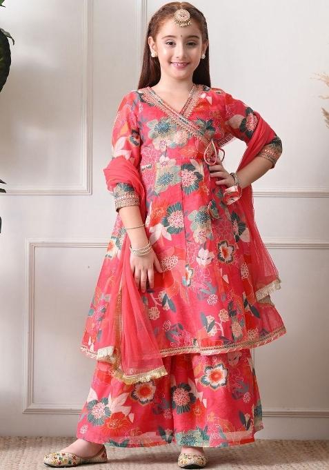 Red Floral Silk Sharara Set For Girls