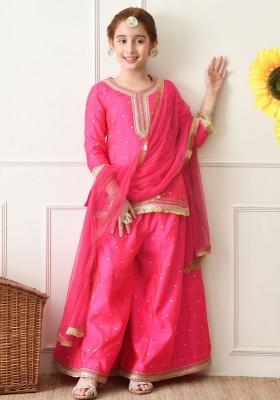 Pink Ethnic Motifs Silk Palazzo Set For Girls