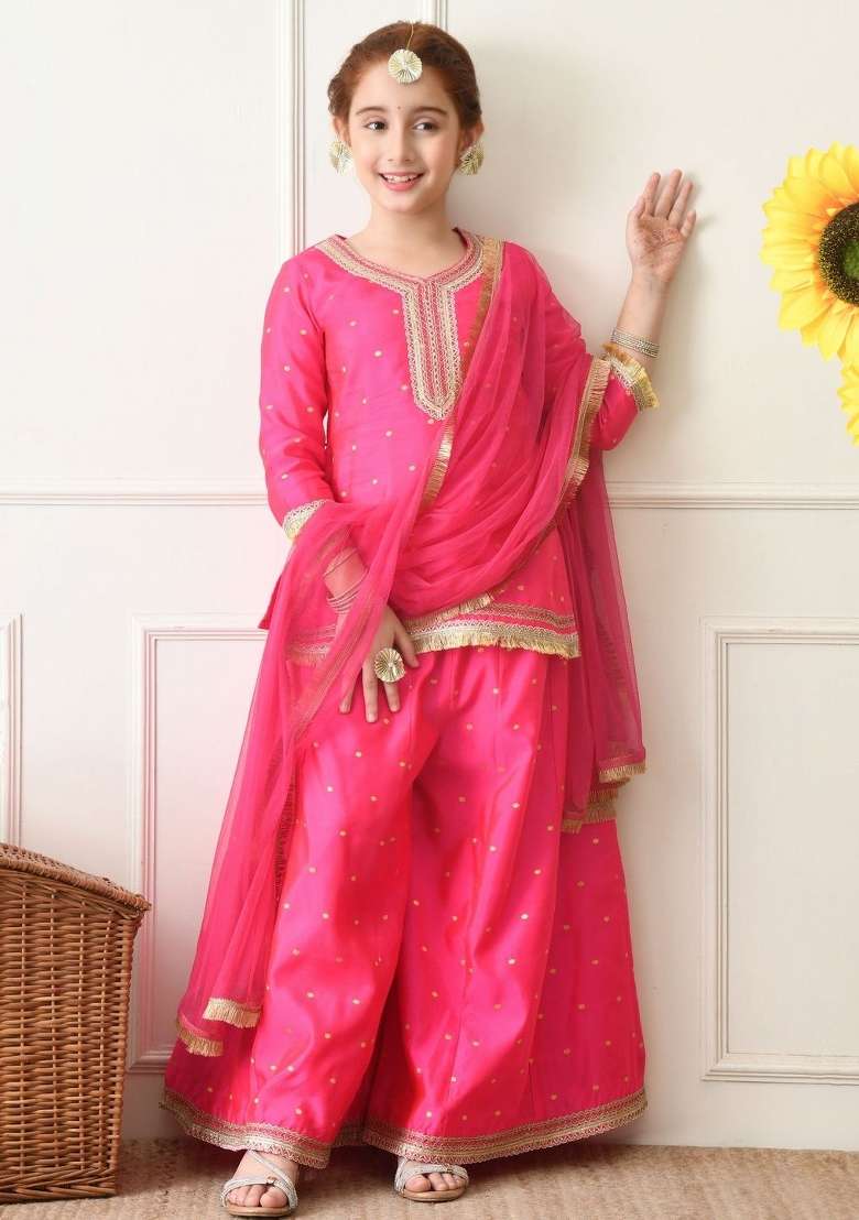 Pink Ethnic Motifs Silk Palazzo Set For Girls - Indya
