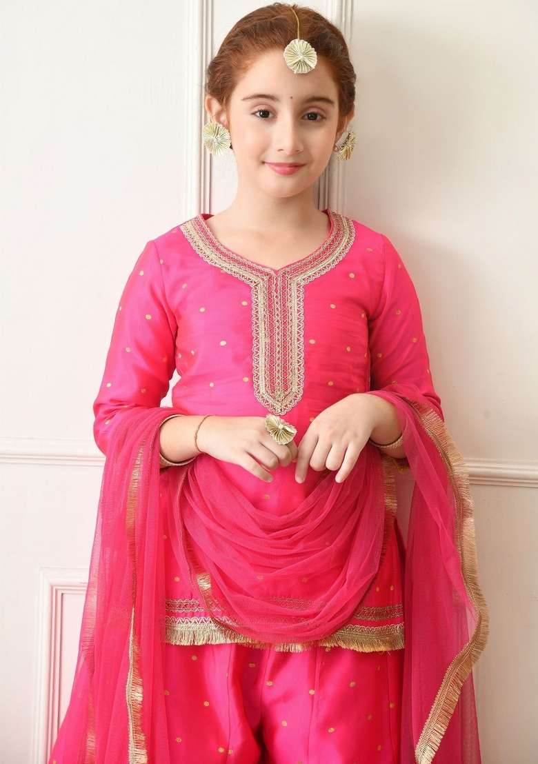 Pink Ethnic Motifs Silk Palazzo Set For Girls - Indya