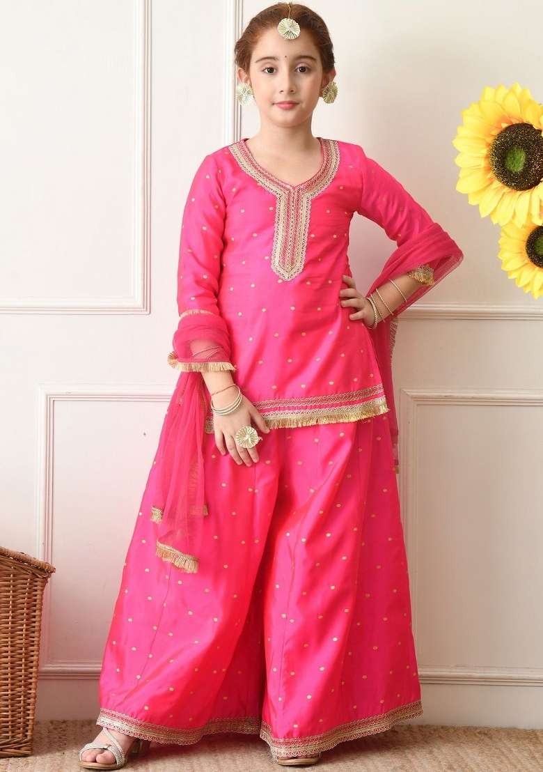 Pink Ethnic Motifs Silk Palazzo Set For Girls - Indya