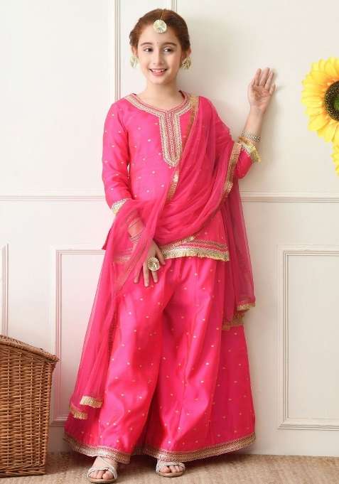 Pink Ethnic Motifs Silk Palazzo Set For Girls